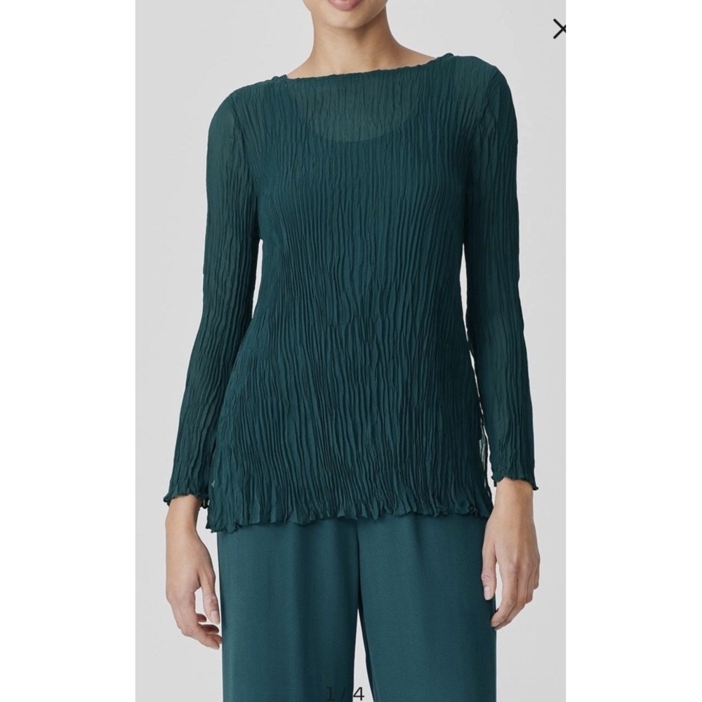 Eileen Fisher 100% Silk Crinkle Pleated Long Sleeve Top Small Teal Quiet Luxury